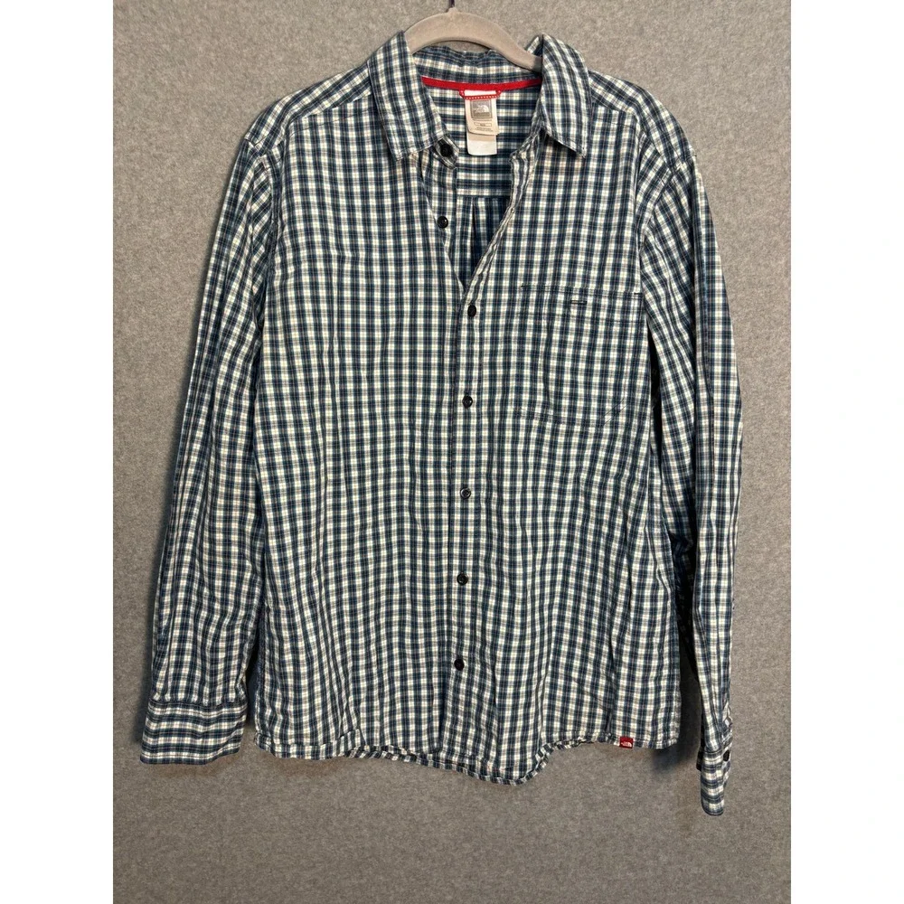 The North Face Button Down Shirt Men M Blue Plaid Cotton‎ Outdoor Hiking Casual